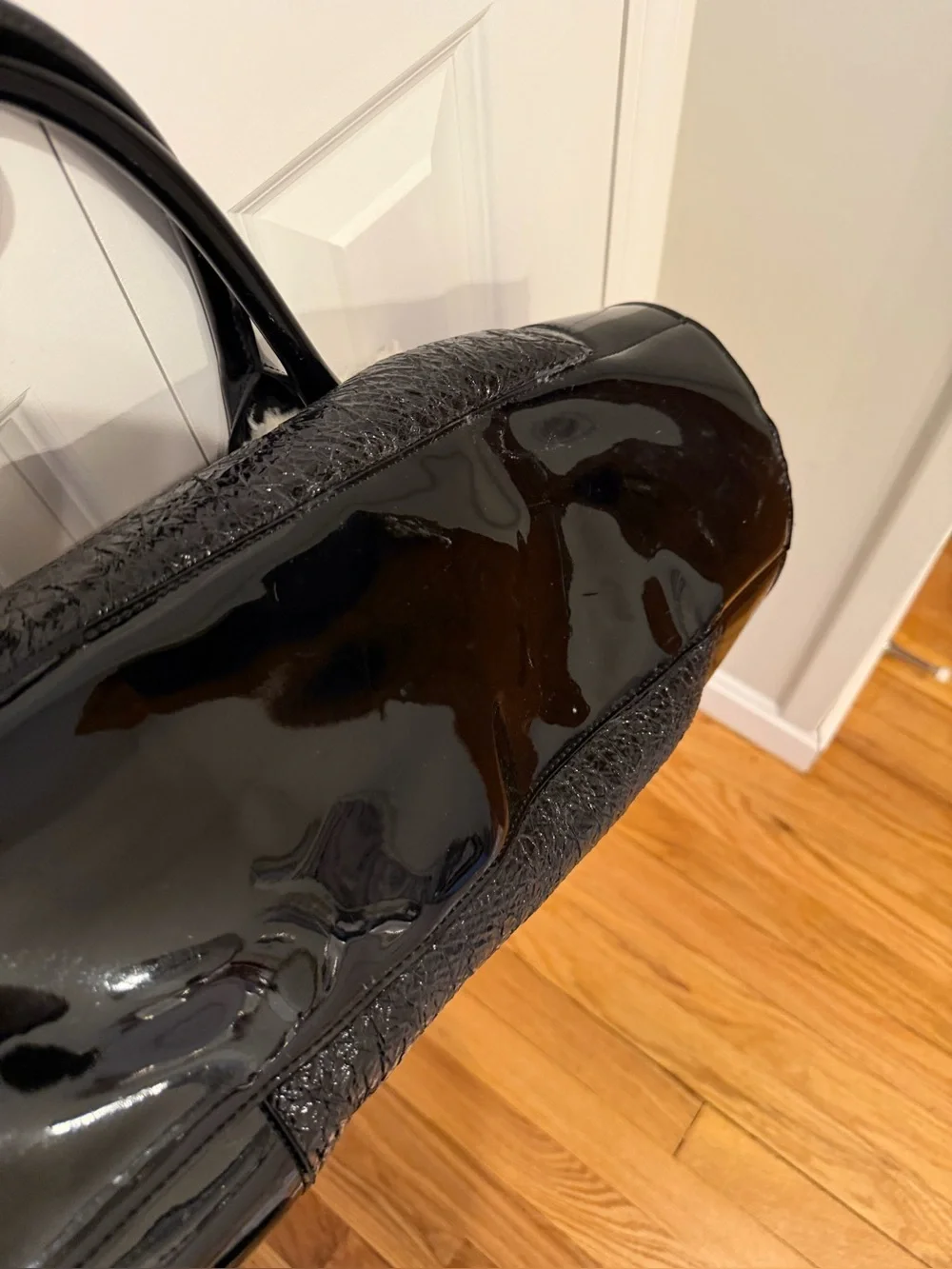 Tory Burch Black Patent Leather & Shearling Large Tote Bag